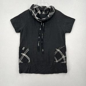 Black Womens Medium Cotton gauze Short Sleeve Tunic Top Funnel neck Pocket